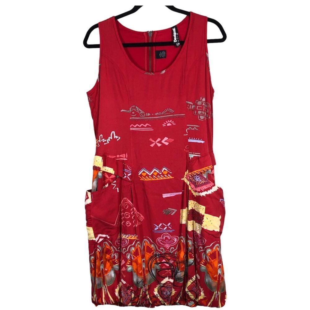 Desigual Multicolored Red Abstract Sleeveless Dress Bubble Hem Layering Size 38